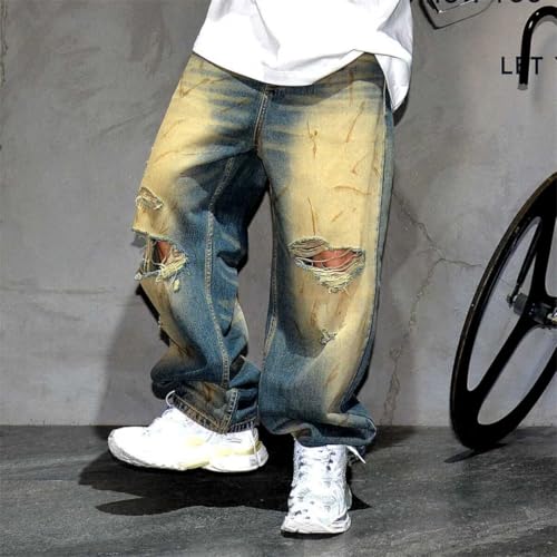 Men’S Vintage Hip Hop Straight Fit Ripped Baggy Distressed Denim Trousers Button Fly Fashion Streetwear Pants3