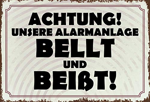 Achtung Unsere Alarmanlage bellt und beißt Metallschild Wanddeko 20x30cm tin Sign Blechschild, Blech, Mehrfarbig, 20x30 cm