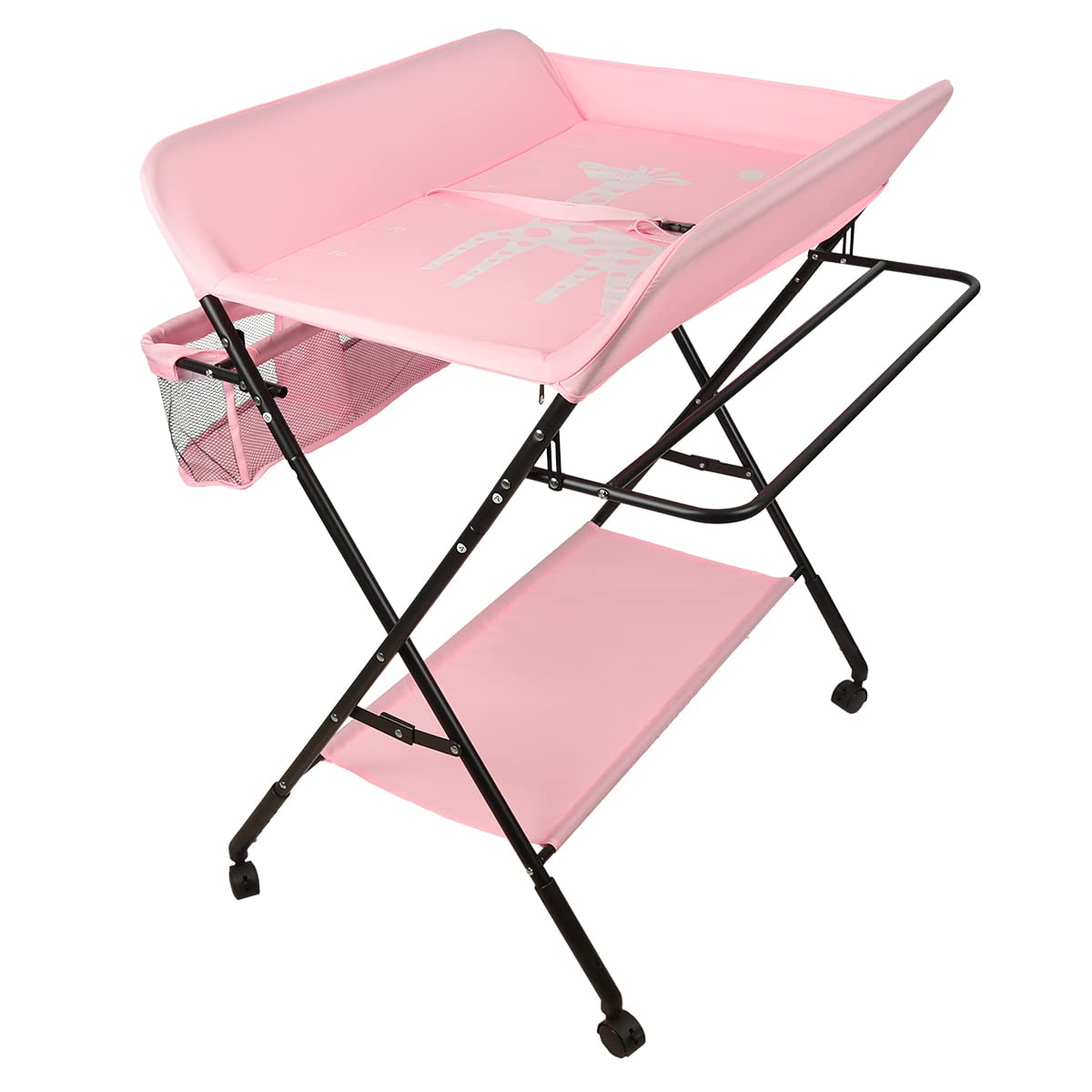 Cambiador plegable con cinturón de seguridad y compartimentos de almacenamiento,Bañera Cambiador Plegable Antibacteriano (80 * 66 * 98cm (rosa oscuro))