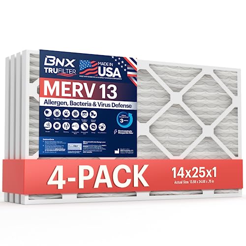 BNX TruFilter 14x25x1 Air Filter MERV 13 (4-Pack) - MADE IN USA - Electrostatic Pleated Air Conditioner HVAC AC Furnace Filters for Allergies, Pollen, Mold, Bacteria, Smoke, Allergen, MPR 1900 FPR 10