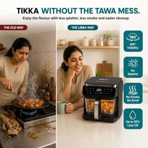 Image of Libra 5.5 L Glass Air Fryer Oven - Multifunction Digital Air Fryer for Home | PTFE-Free Non Toxic Glass Bowl, 1500W, 12 Presets, Air Fry Grill Roast Dehydrate,180 Visible Window, 1 Year Warranty