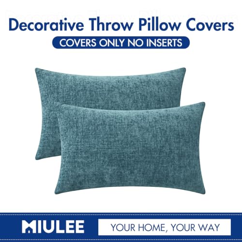 Image of MIULEE Soft Chenille Lumbar Throw Pillow Covers Blue Ashes 12x20 Pack of 2 | Modern Coastal Home Decor, Classic Decorative Pillows, Solid Dyed Cases, Boho Couch Cushion Covers for Sofa Bed Living Room