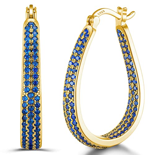 925 Sterling Silver Post Hoop Earrings for Women Gilrs Multcolors Cubic Zirconia 14K Gold Plated Oval Chunky Silver Gold Hoop Earrings weinuo Jewelry