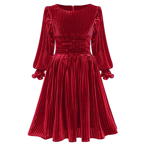IDOPIP Toddler Baby Girls Velvet Dress Ribbed Ruffle Kids Princess Pageant Birthday Christmas Party Dresses Winter Fall Long Sleeve Casual Vintage Holiday Gown Clothes Red - Ruffle 6-7 Years