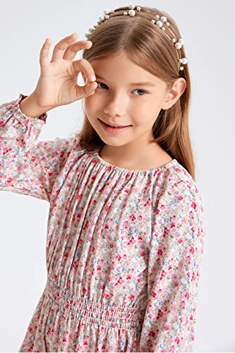 Tinysugar Girls Smocked Waist Soft Viscose Midi Dress Elastic Crewneck Casual Playwear Skater Dress With Pockets Pink Floral 6Y #TOP1