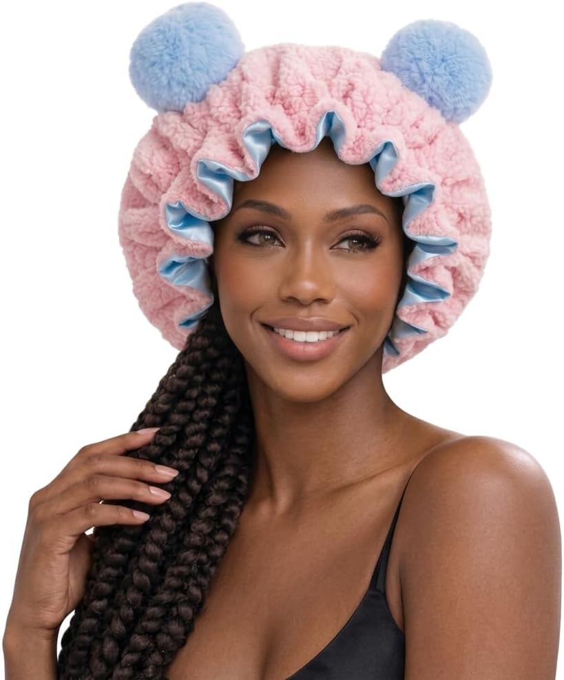 Large Plush Bonnet with Animal Ears for Women & Teens – Premium Oversized Satin-Lined Sleep Cap for Long Hair, Braids & Locs – Luxury Fuzzy Hair Protector Light Pink