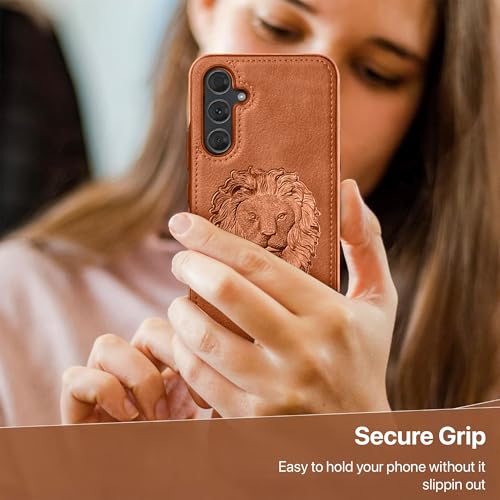 Image of Vaku Luxos Lion Embossed Back Cover Case for Samsung Galaxy S23 FE Premium Leather Stitched Soft Shockproof Protective TPU Phone Case Camera Screen Protector- Brown