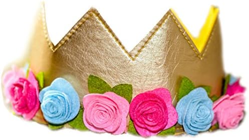 Girls Birthday Flower Crown Felt Gold Pink Princess Faux Leather, Gold, Size OS