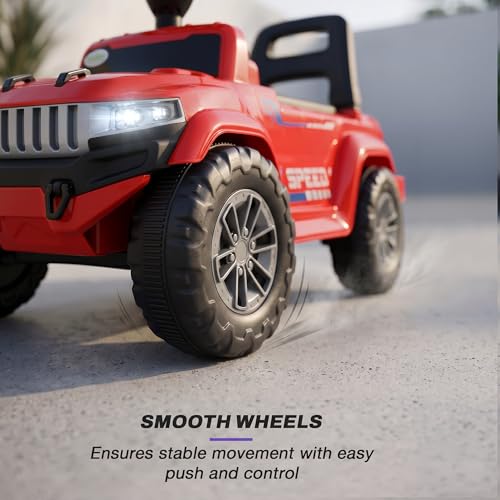 Image of Baybee Speedy Baby Ride on Car for Kids | Portable Kids Car with LED Lights, Music & Storage Basket | Push Toy Cars with High Backrest | Toddler Rideons Jeep for 1 to 3 Years Boys Girls (Red)