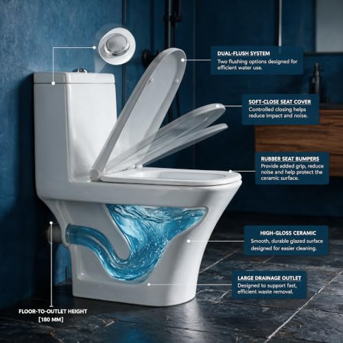 Image of Backline P TRAP Commode Toilet | One Piece Floor Mounted Western Toilet | Water Closet Commode With Soft Close Toilet Seat For Bathroom P Trap Outlet Is From Wall (10 Years Warranty)