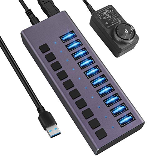 USB 3.0 Hub-10 Ports Powered USB Hub 60W USB Charging Hub with Individual On/Off Switches and 12V/4A Power Adapter and Light for PC, Laptop, Computer, Mobile HDD, Flash Drive and More(Purple)