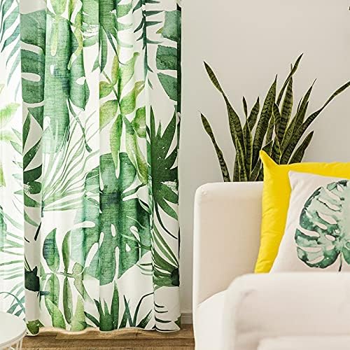 Cortinas para sala de estar, cortina de ventana con estampado de hojas verdes, cortinas de lino de algodón para dormitorio (1 cortina de tela, 100