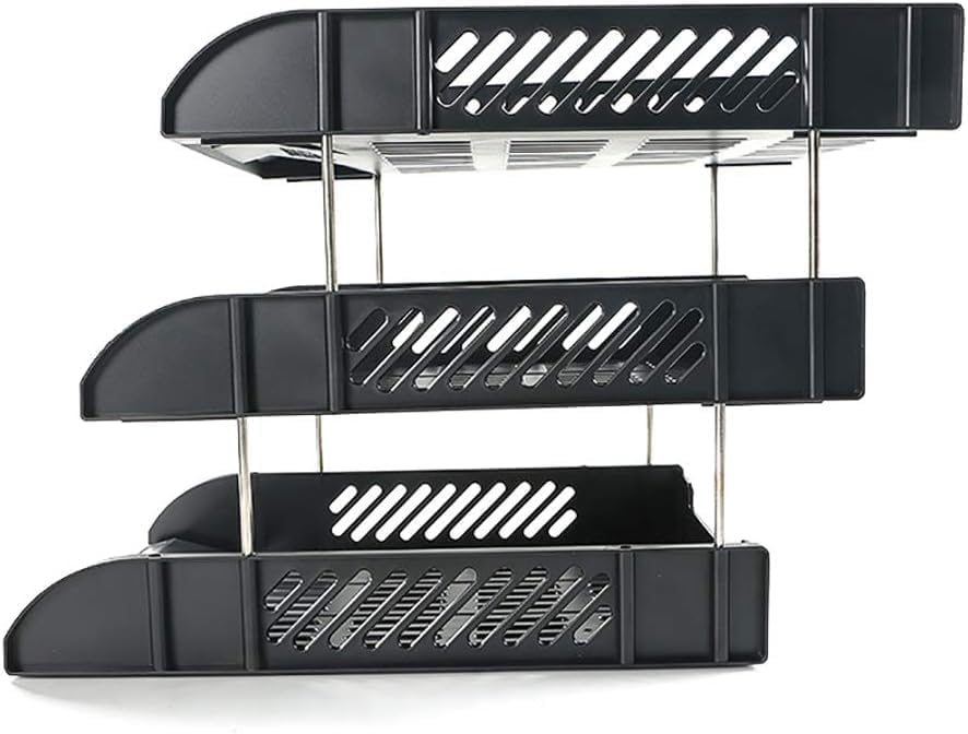 Image of 3 Layer Foldable File Rack | ABS Plastic Desk Organizer Tray for Office, School & Home | Multi-Tier Paper & Document Storage Shelf | Sturdy Black Finish