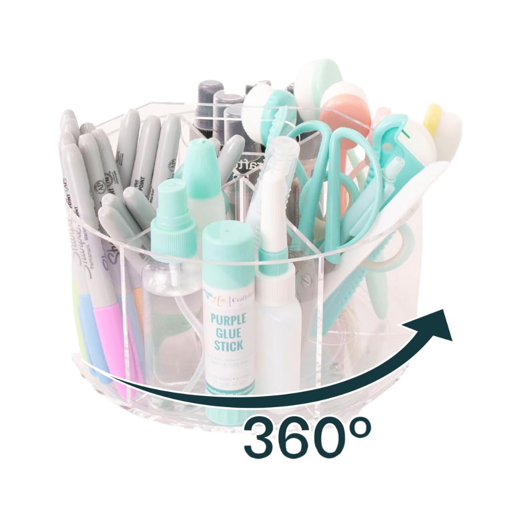 Craftelier - Organizer da scrivania girevole a 360 gradi, portapenne acrilico trasparente con 6 scomparti e maniglia, diametro 20 cm, contenitore ideale per ufficio, casa e scuola