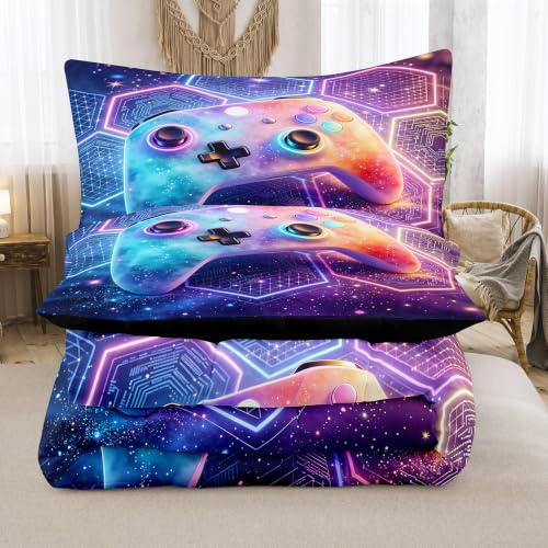 Image of NINENINE Gaming Comforter Sets, Gradient Honeycomb Galaxy Gaming Bedding 5PCS Queen Size Comforter Sets for Boys Gamer (1Comforter, 1Flat Sheet, 1Fitted Sheet, 2Pillowcases)