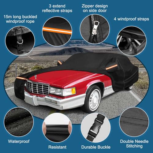 Image of Car Cover for Cadillac Deville 1985-1993 Sedan 4 Door Waterproof | All Weather Full Car Cover with Door Zipper Car Covers for Automobiles for Sun Rain Snow Protection