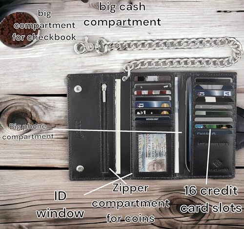 Image of F&L CLASSIC RFID Blocking Mens Tri-fold Long Style Leather Steel Chain Wallet,black skull,212-50