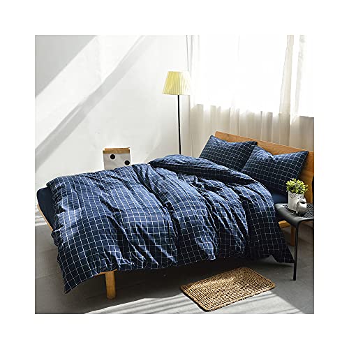 Image of F.Y.Dreams 100% Washed Cotton Duvet Cover for Weighted Blanket 60x80 inches with 16 Ties, Zipper on Long Side /Navy Grid /Just Duvet Cover