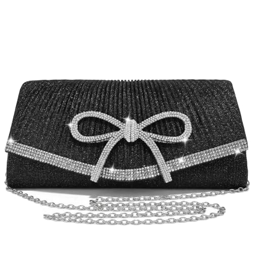 Image of Bow Rhinestone Evening Clutch Purses for Women Weddings Party Prom Diamond Glitter Sparkly Handbag with Detachable Chain