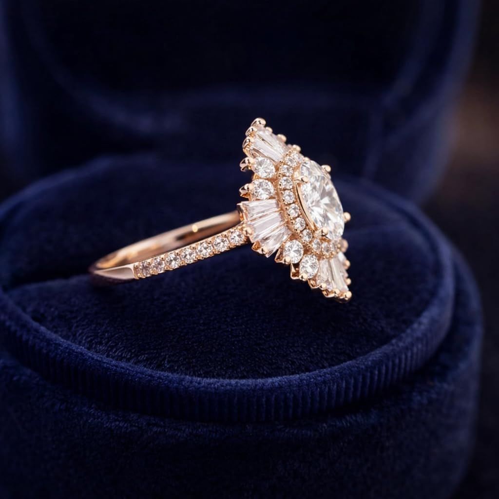 Oval Cut Moissanite Engagement Ring for Women 18K Rose Gold Halo Ring with Baguette & Round Diamond Accents Art Deco Vintage Bridal Ring Gift for Her