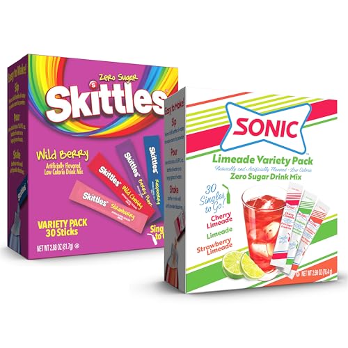 Sonic &amp; Skittles Wild Berry Singles To Go, 60 Count Variety Pack, Watertok Powdered Drink Mix, Includes Limeade, Cherry Limeade, Strawberry Limeade, Strawberry, Berry Punch, Wild cherry &amp; Raspberry