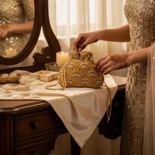 Image of Women's Embellished Zari & Pearl Velvet Potli Bag - Elegant Traditional Handcrafted Clutch for Weddings & Festive Occasions