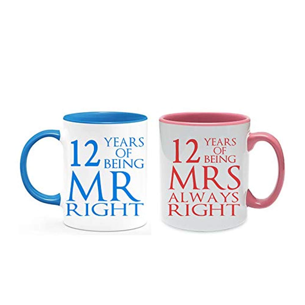 Silk Anniversary 12 Years of Being Mr Right & Mrs Always Right Set of 2 Wedding Anniversary, Valentines Day, Coloured Couple Mug Set. (12 Years)