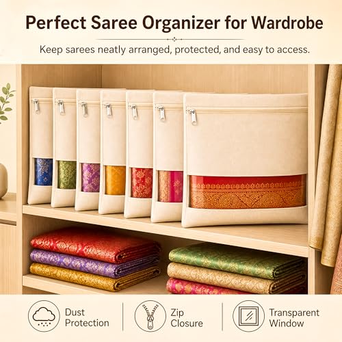 Image of EIGHTIZ (Pack of 10) Saree Covers for Wardrobe Transparent Clothes Storage Bags for Saree, Blouse, Dress, Multipurpose Non-Woven Zip Pouch Organizer,Travelling Storage (16 x 14 in,Beige)