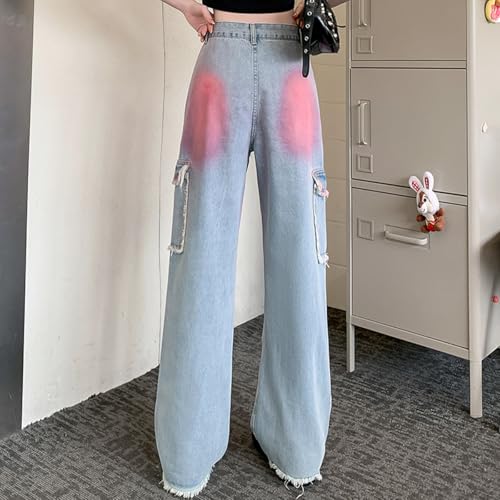 Womens Jeans Fashion Y2K Vintage Casual Low Waist Baggy Wide Leg Pink Tie-Dye Gradient Straight Denim Pants4
