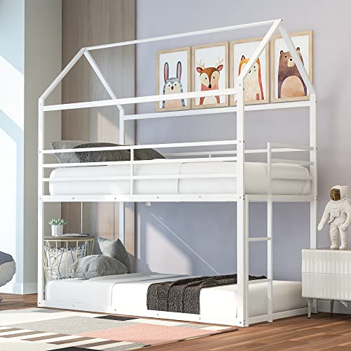 Tensun Twin Over Twin Bunk Beds, Floor Metal Frame House Bunk Bed, Low Twin Bunk Beds With Built-In Ladder For Bedrooms,Dorms,Kids,Teens, No Box Spring Needed,White #TOP6