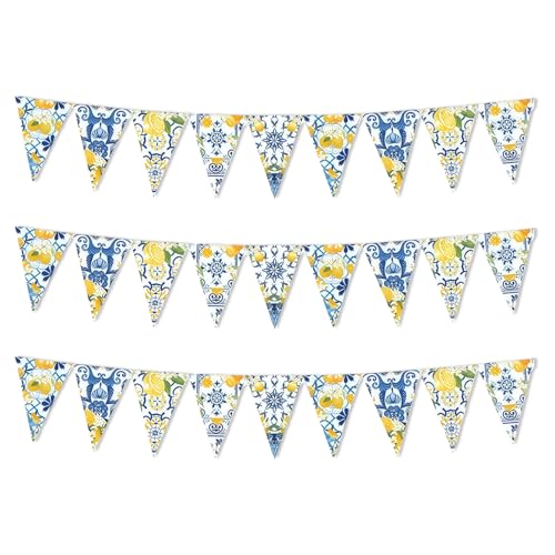 3 PCS Decoration Citron Vintage, Dolce Vita Decoration, Bleu Jaune Pour Terrasse Jardin Anniversaire Mariage Été, Deco Citron Réutilisable, Fanions Italiens...