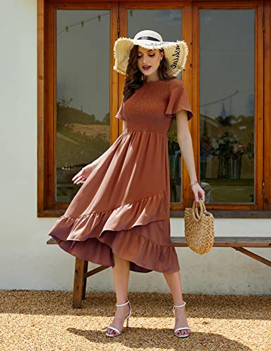 Women's 2023 Summer Casual Dress Flowy Ruffle Hem Smocked Elastic Waist Short Sleeve Midi Beach Sun Dresses,Rust,Xl #TOP2