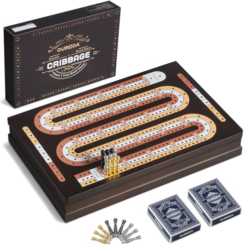 OUMODA Wooden Magnetic Cribbage Board Game| Travel 3-Track Scoreboard Set| 2 Playing Cards| 9 Metal Pegs| Compact Size for Travelling Game Night (Instruction Included)