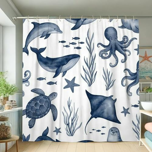 Rideau de douche anti éclaboussure en polyester motif baleine - 2
