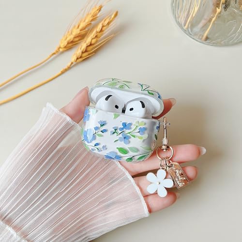 Image of MINSCOSE for AirPods 4 Clear Case,Cute Flower Plant Leaves Pattern Design with Trendy Floral Keychain,Soft TPU Protective Shockproof Case for Girls Women for Airpods 4-Blue