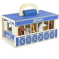 Breyer Horses Farms Wooden Stable Playset with 6 Horses | 6 Piece | 6 Stablemates Horses Included | 6\u201D H x 9\u201D L x 2.5\u201D D | 1:32 Scale | Model #59217, Multi