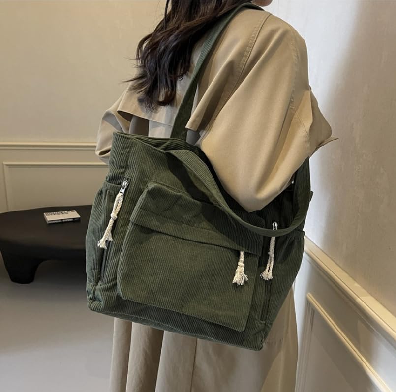 Bolsa Tote de pana para mujer, gran capacidad, verde miniatura 1