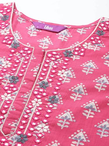 Image of Libas Yellow Yoke Design Cotton Straight Kurta with Trousers & Dupatta