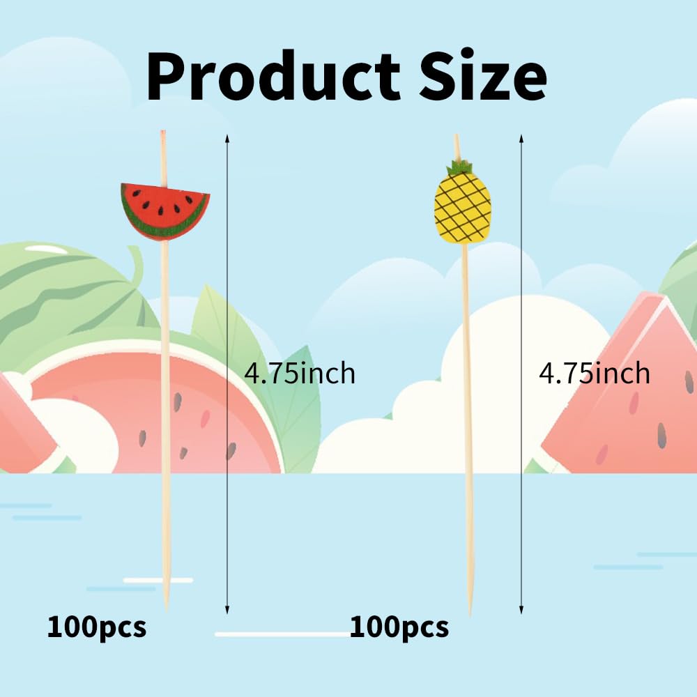 Redvigh Cocktail Picks Tooth Appetizer Food Appetizers 200PCS, Fruits Watermelon Pineapple Cocktail Toothpicks 4.7Inch Tropical Bamboo Skewers for Home Club Party Birthday Supplies