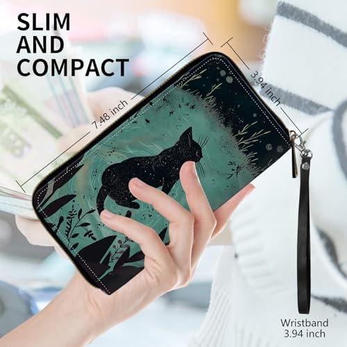 Womens Wallet, PU Leather RFID Cute Wristlet Wallets for Girls Women Ladies Purse Large Credit Card Clutch Purse Card Holder Coin Pocket Travel Wallets with Zipper, Cat Watercolour2