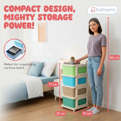 Image of BabyPro 4 Layer Plastic Drawer Organiser with Wheels, Storage Cabinet | For Modular Storage, Durable, Portable, Multi-Purpose Chest of Drawer