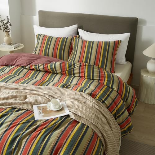 Image of VM VOUGEMARKET Multi-Color Striped Duvet Cover, Full Size | Farmhouse Style, Washed Cotton,Red Green Stripes, 1 Duvet Cover with 2 Pillowcases
