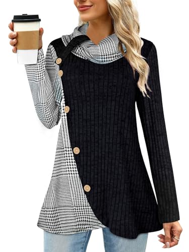 Image of Cestyle Cowl Neck Tunic Sweaters for Women Long Sleeve Casual Pullover | Long Coverage,Leggings Friendly,Curved Asymmetrical Hem,Soft Stretch Fabric,Relaxed Fit,Christmas Shirts Black Small