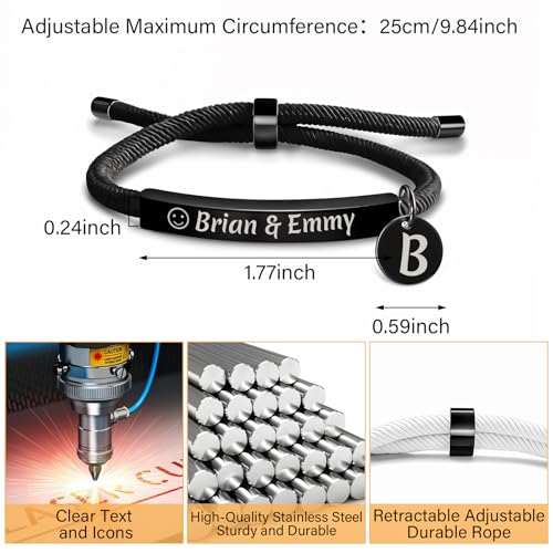 Custom Bracelets with Names, Personalized Bracelets for Women, Custom Engraved Bracelet for Men Customized Adjustable Handmade Bracelets Personalized Valentines Day Gifts for Her Couple3