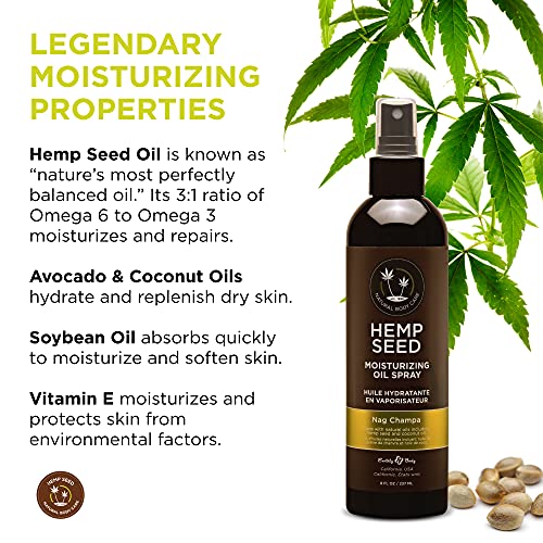 Earthly Body Hemp Seed Moisturizing Oil Spray, Nag Champa - 8 Oz - Smooth, Moisturize & Protect Skin - With Vitamin E + Hemp Seed, Coconut & Avocado Oils - Vegan, Cruelty Free #TOP2