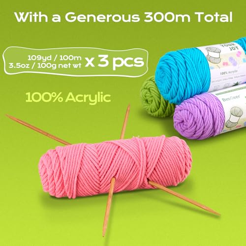 Image of Besgeer Whtie Yarn for Crocheting, Knitting, Tufting, Craft, 6 Pack of 100g /3.5oz Crochet Yarn, 4 Medium (Worsted), 654 Yards - 100% Acrylic (6 Colors：Green, Blue, Pink, Red, Gray, Purple)