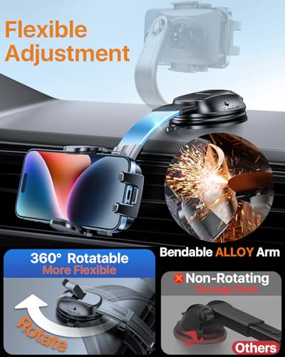 Image of HTU Upgraded Strongest Suction Car Phone Holder Bendable Arm, Never Block View Rotatable Cellphone Mount for Dashboard Windshield Vent, Cradle Stand for iPhone 17 16 15 14 13 12 Pro Max (Rose Purple)