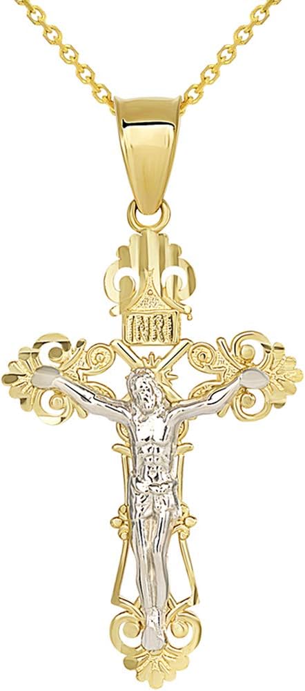 Solid 14K Two-Tone Gold Roman Catholic Cross Charm with Jesus INRI Crucifix Pendant Necklace