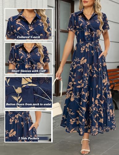 Image of Kranda Women 2026 Summer Collared V Neck Short Sleeve Button Down Chiffon Long Tiered Floral Maxi Dress with Pockets