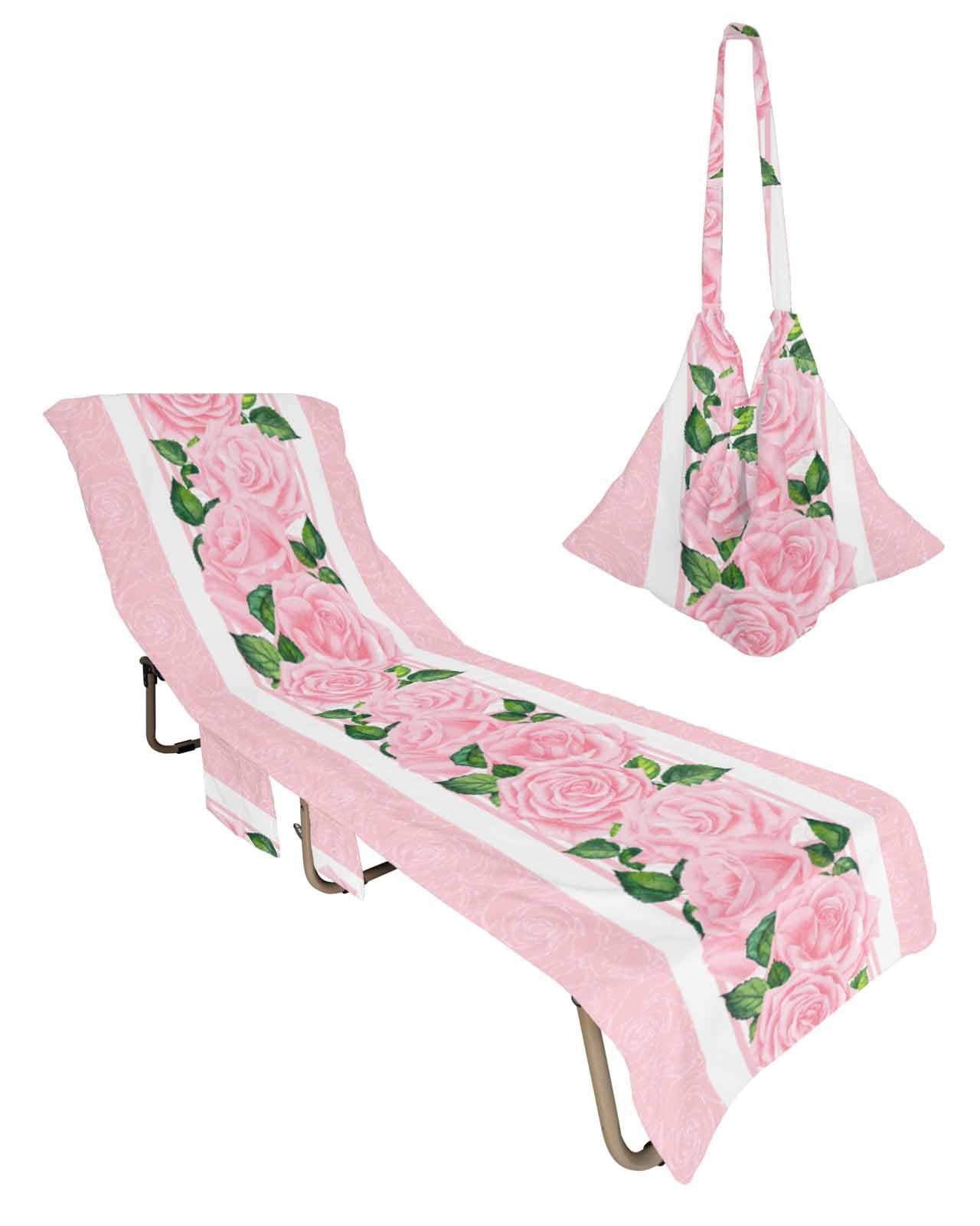 Pink Floral Valentines Beach Lounge Chair Towel Cover, Soft Chaise Lounge Towel with Side Pockets Patio Pool Chairs Cover for Beach/Pool Sunbathing 29x85 Pink Botanical